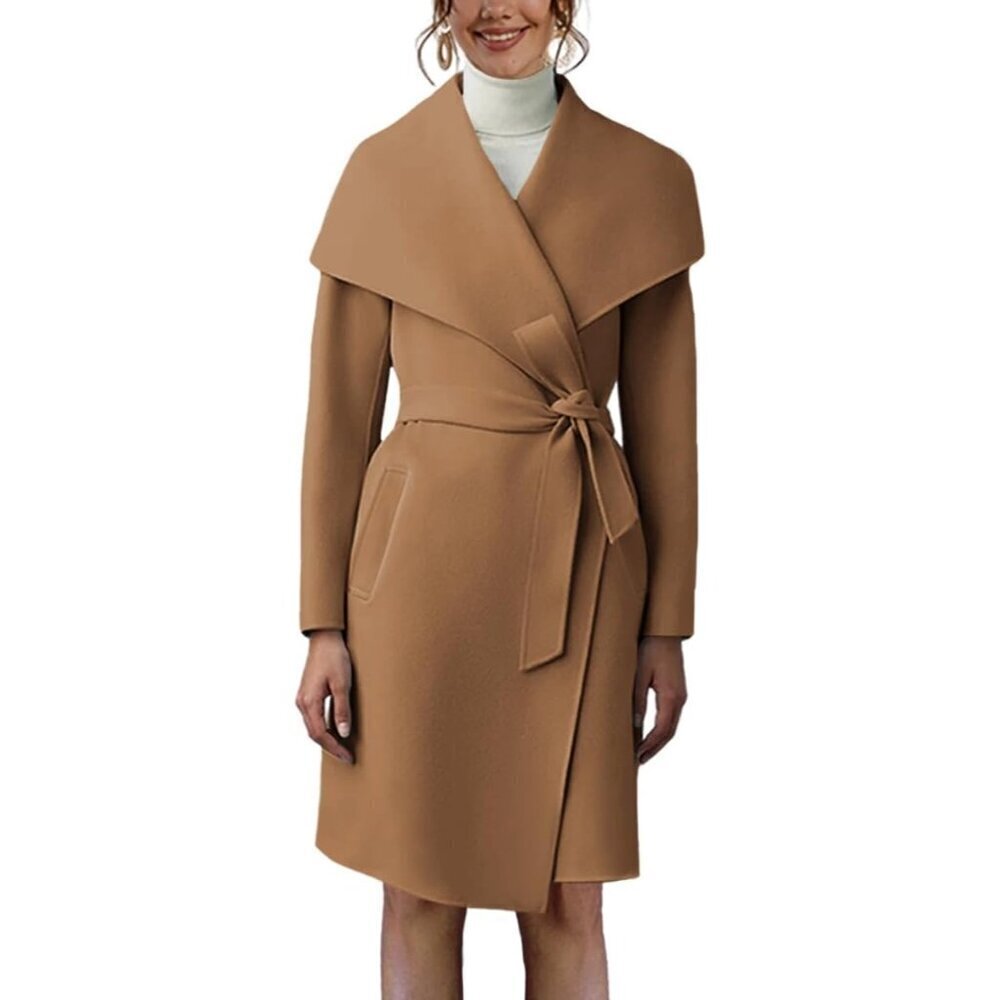 🆕Women's Brown  Pea Long Jacket Open Front Belted Overcoat with Trench Coat